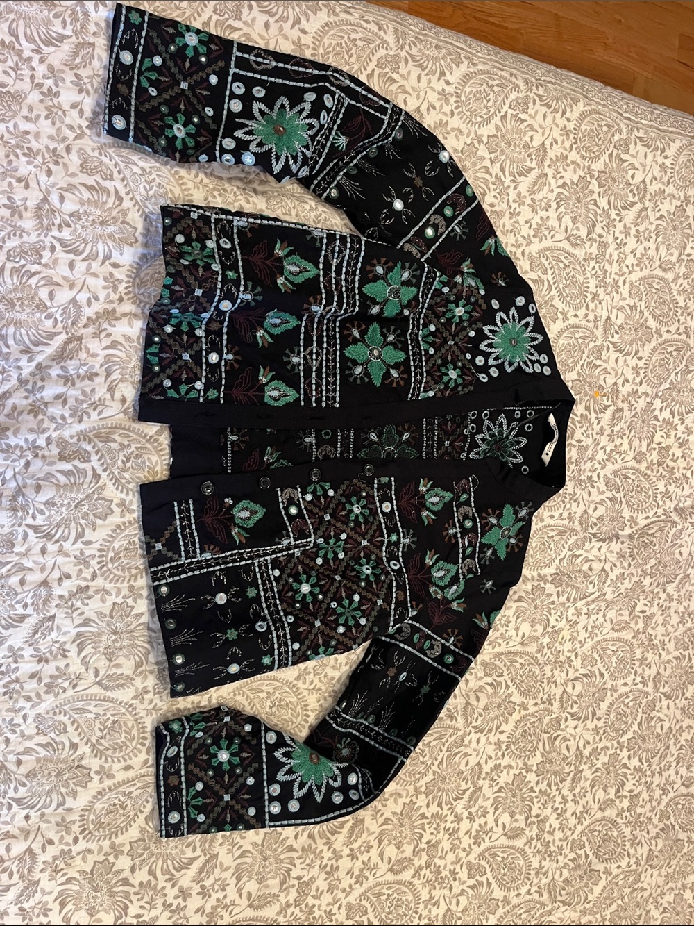 Black Jacket with Green Floral Embroidery